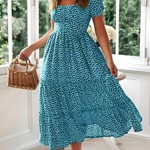 Women's Spring Summer Casual Cute Boho Floral Print Long Midi Dress- Sky Blue